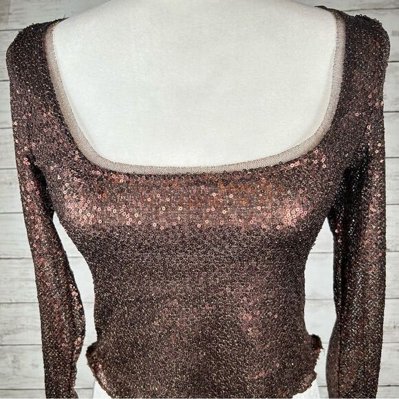 Free People Late Night Disco Glitter Sequin Layering Top Bronze Brown XS NEW - Picture 6 of 11